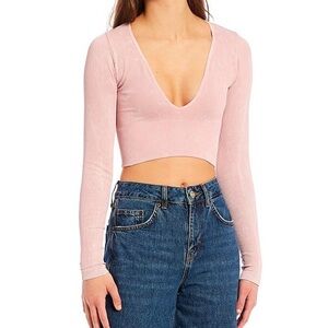 Josie Acid Wash Long Sleeve Pull-On Crop Top Medium